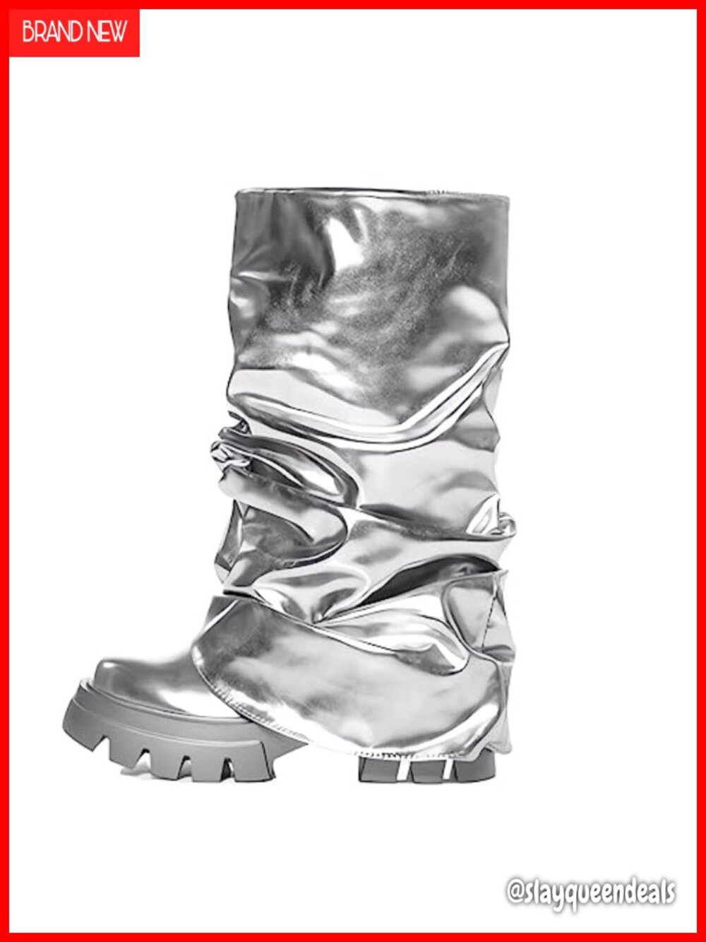 LISHAN Platform Metallic Ruched Mid-Calf Boots Pull On Vegan 2.4in Block Heel
